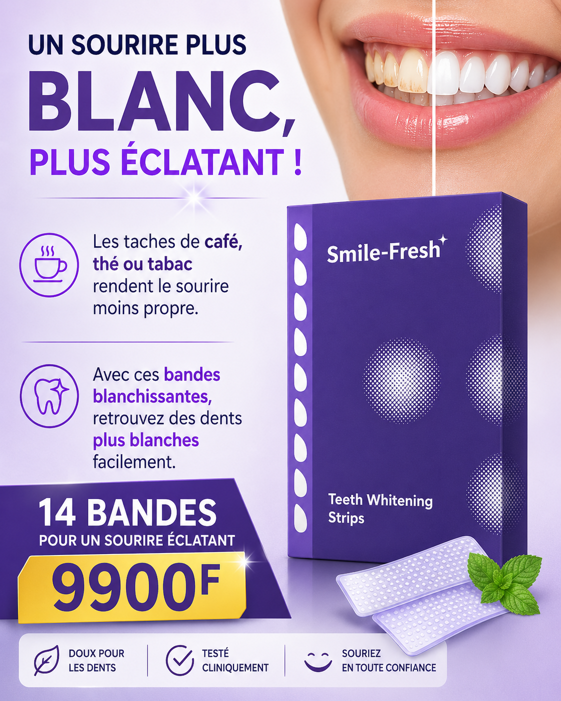 Bandes Blanchissantes + Spray buccal offert – Le Secret d’un Sourire Parfait